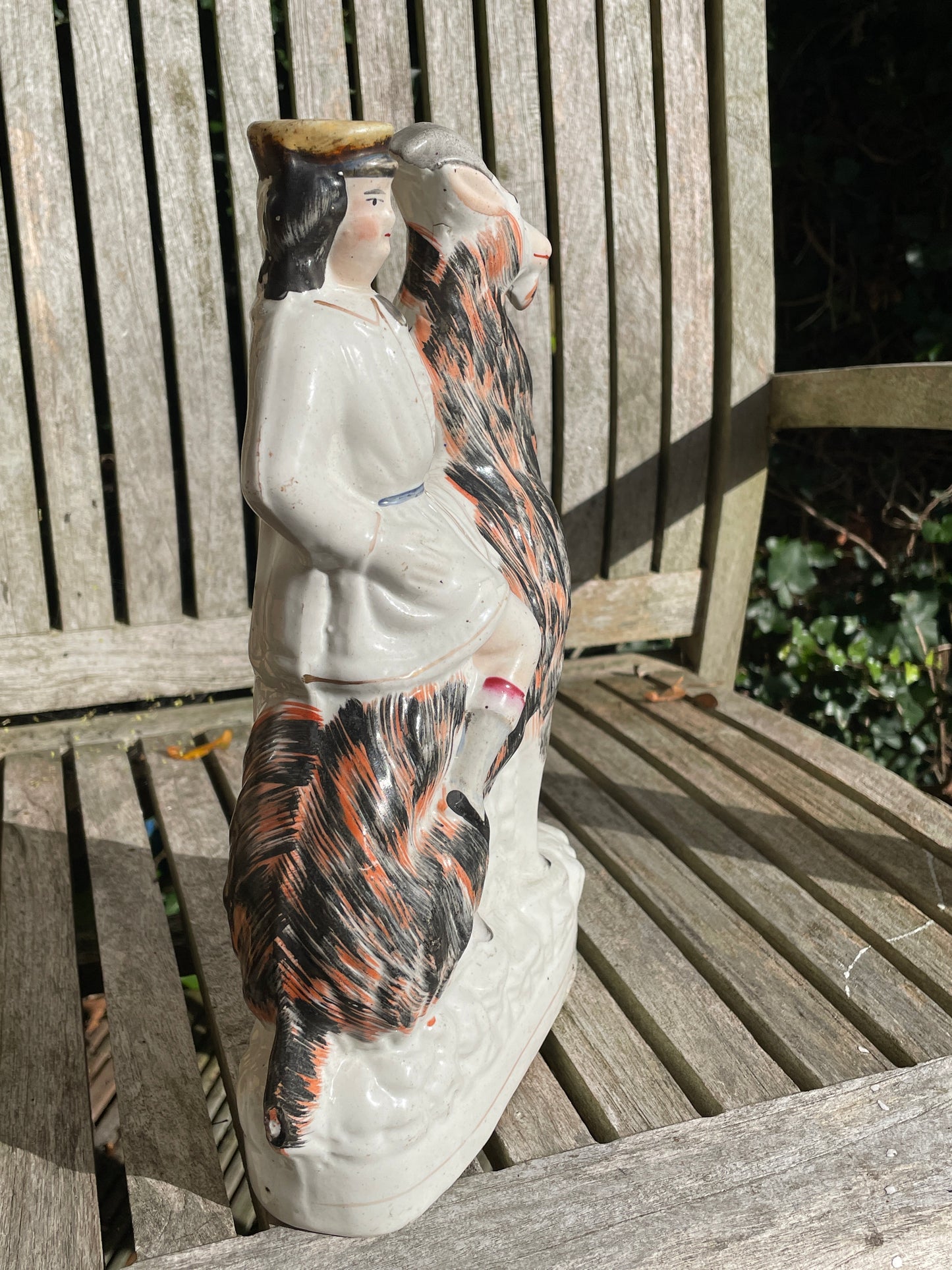 19th century English Staffordshire boy on goat ceramic figure 30cm tall c1850