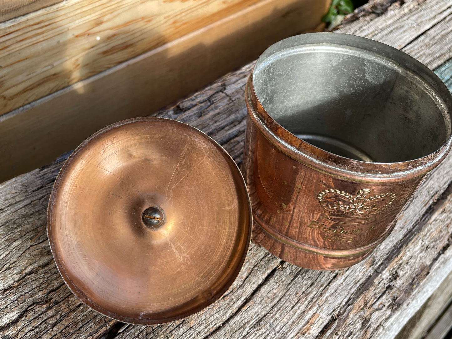 1953 Queens coronation copper tea caddy