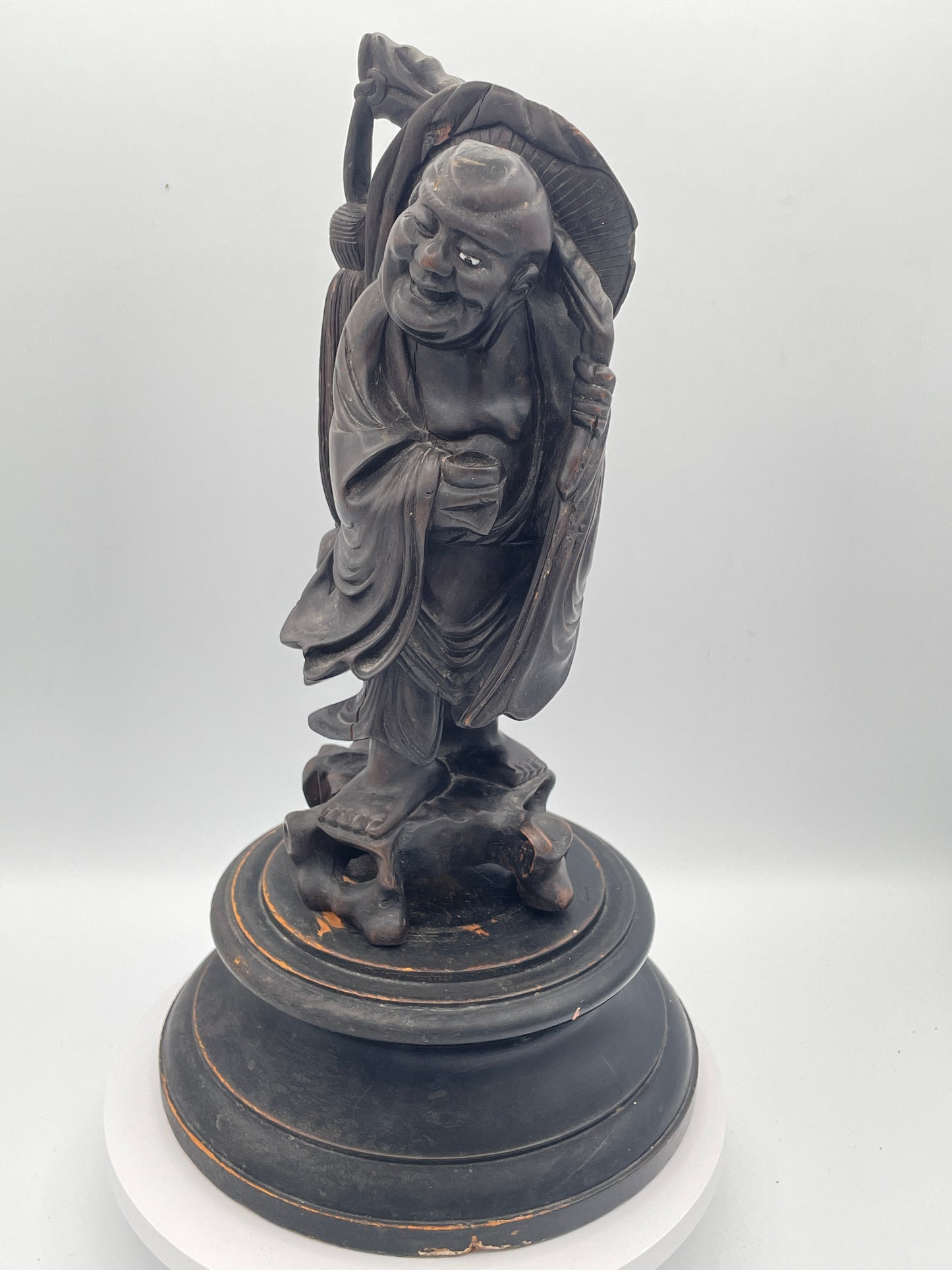 Antique Chinese Hardwood Figure of an Immortal on Carved Stand – Hand Carved Oriental Sculpture – 36cm