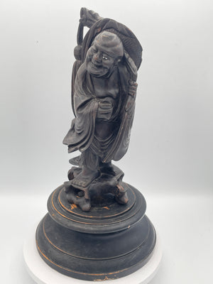 Antique Chinese Hardwood Figure of an Immortal on Carved Stand – Hand Carved Oriental Sculpture – 36cm