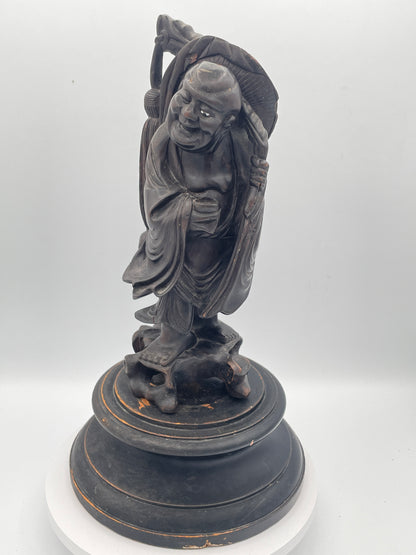 Antique Chinese Hardwood Figure of an Immortal on Carved Stand – Hand Carved Oriental Sculpture – 36cm