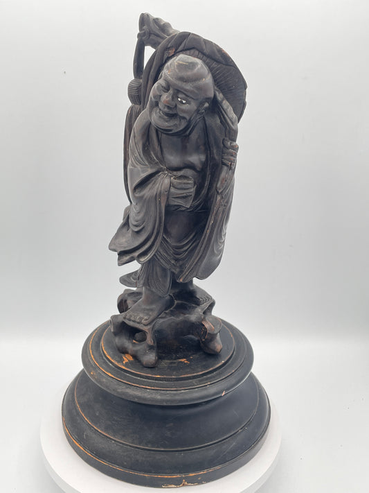 Antique Chinese Hardwood Figure of an Immortal on Carved Stand – Hand Carved Oriental Sculpture – 36cm
