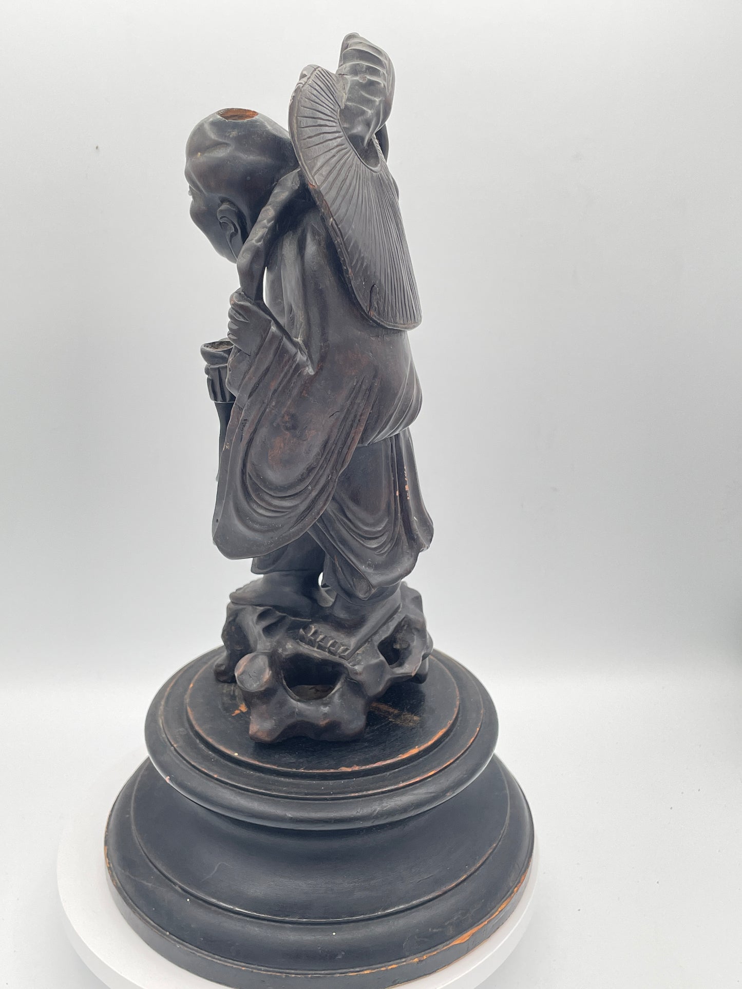 Antique Chinese Hardwood Figure of an Immortal on Carved Stand – Hand Carved Oriental Sculpture – 36cm