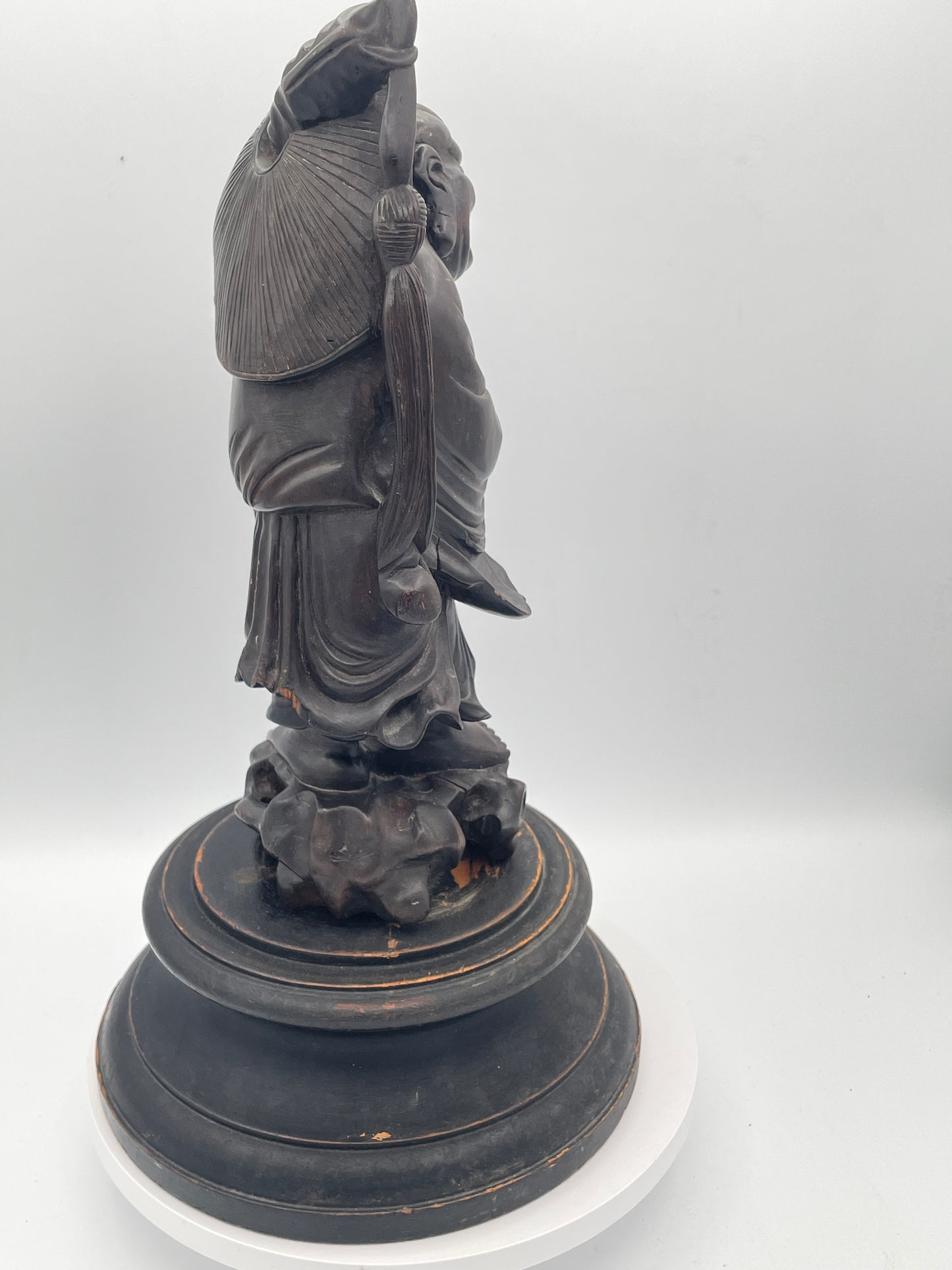 Antique Chinese Hardwood Figure of an Immortal on Carved Stand – Hand Carved Oriental Sculpture – 36cm