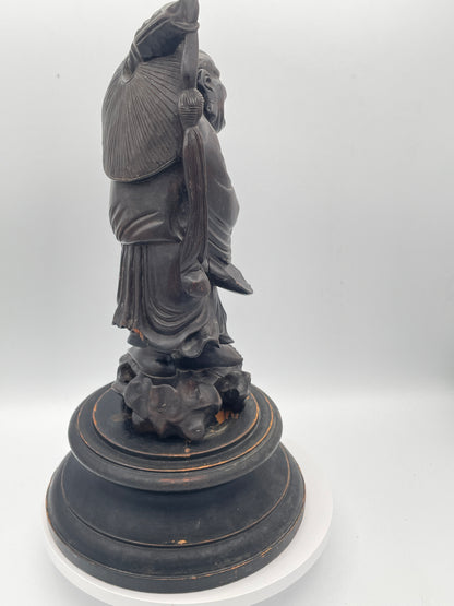 Antique Chinese Hardwood Figure of an Immortal on Carved Stand – Hand Carved Oriental Sculpture – 36cm