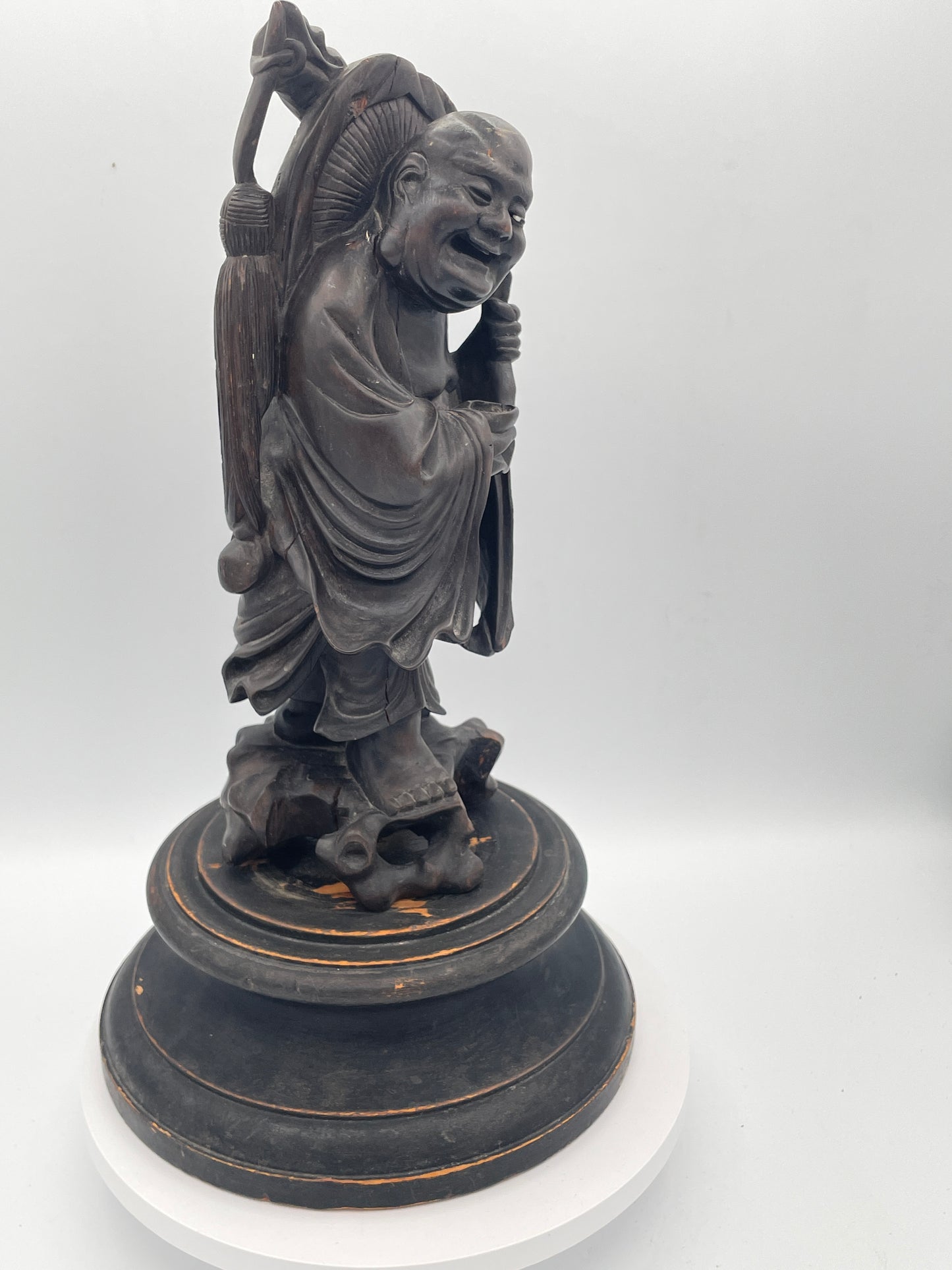 Antique Chinese Hardwood Figure of an Immortal on Carved Stand – Hand Carved Oriental Sculpture – 36cm