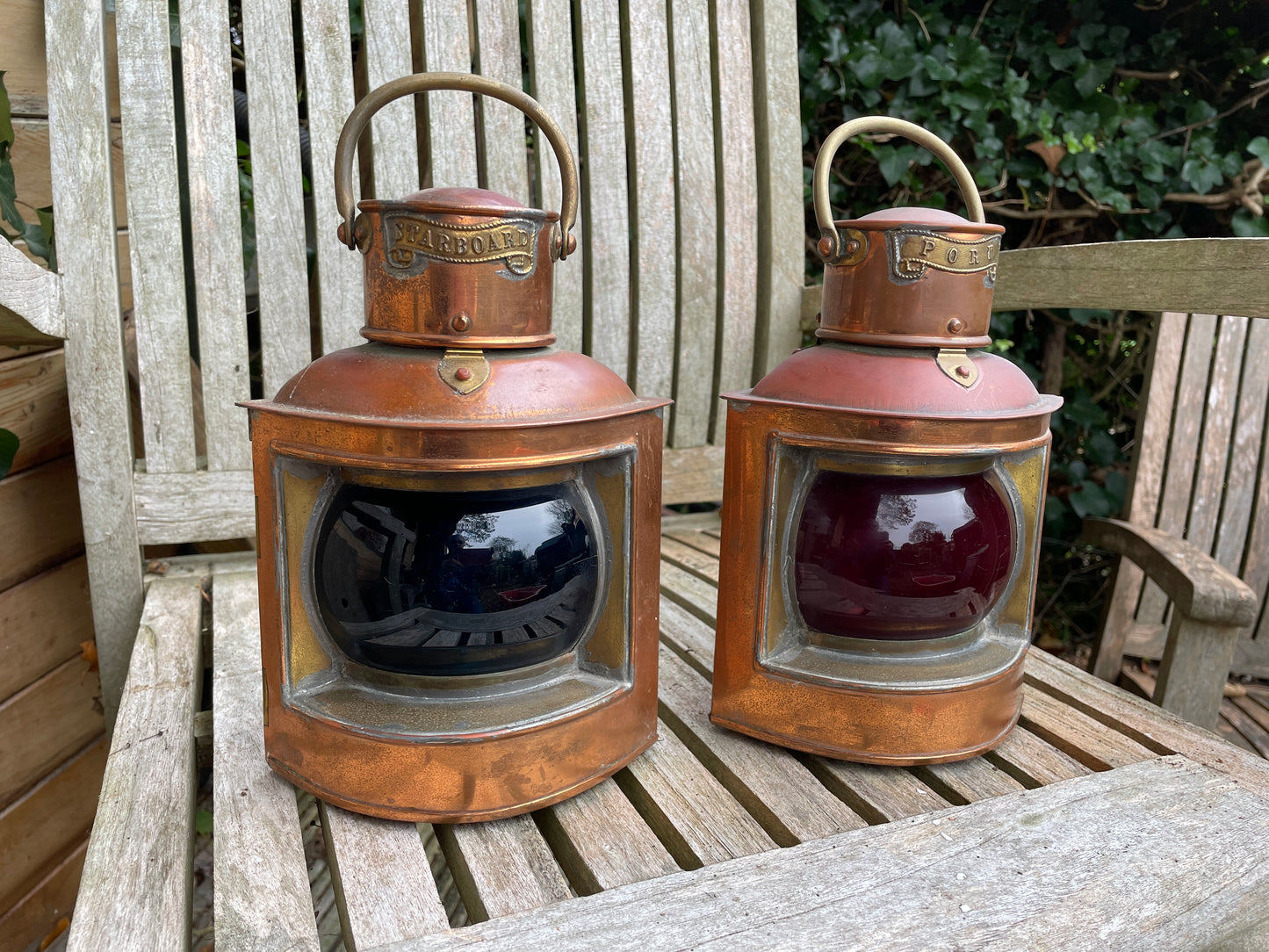 Pair of antique brass and port and starboard nautical ship lamps