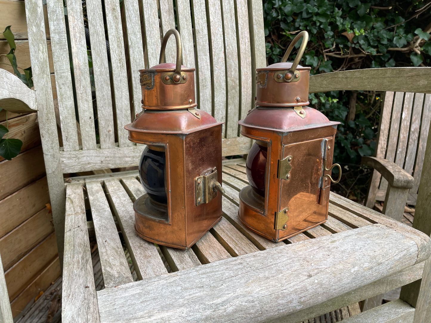 Pair of antique brass and port and starboard nautical ship lamps