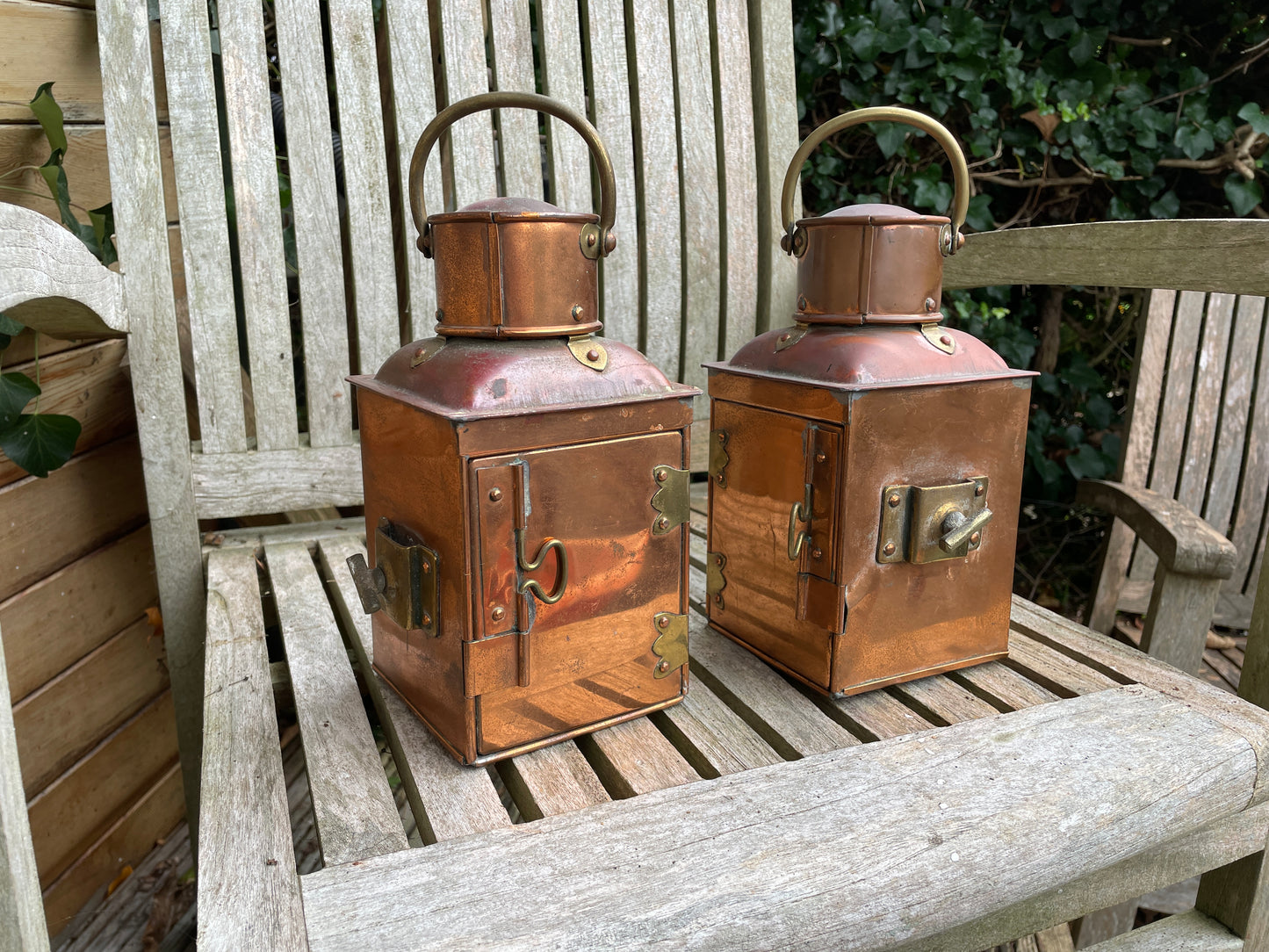 Pair of antique brass and port and starboard nautical ship lamps