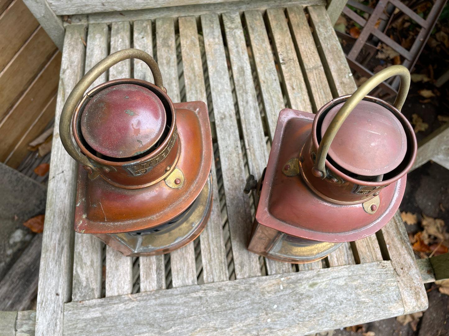 Pair of antique brass and port and starboard nautical ship lamps