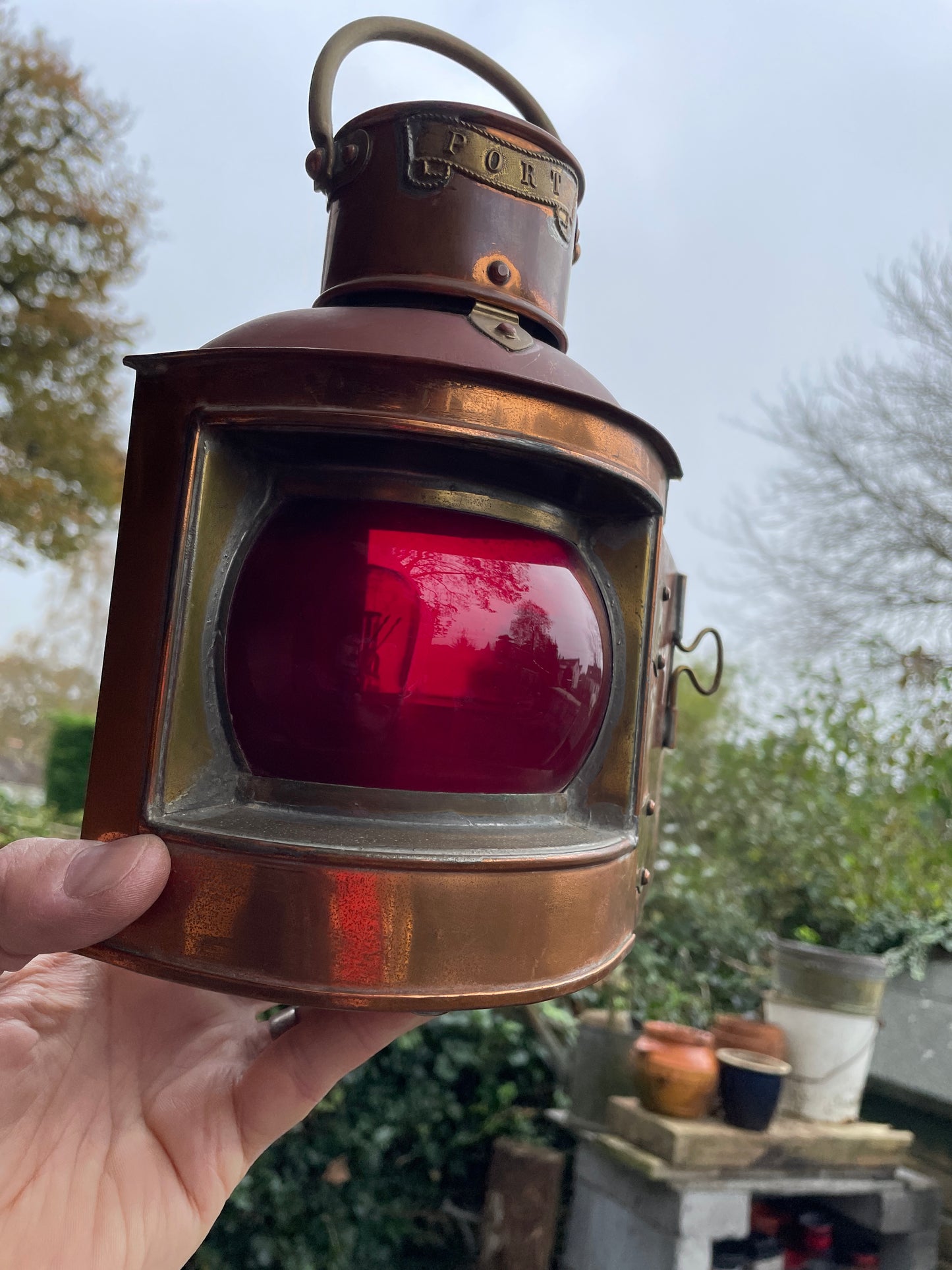 Pair of antique brass and port and starboard nautical ship lamps