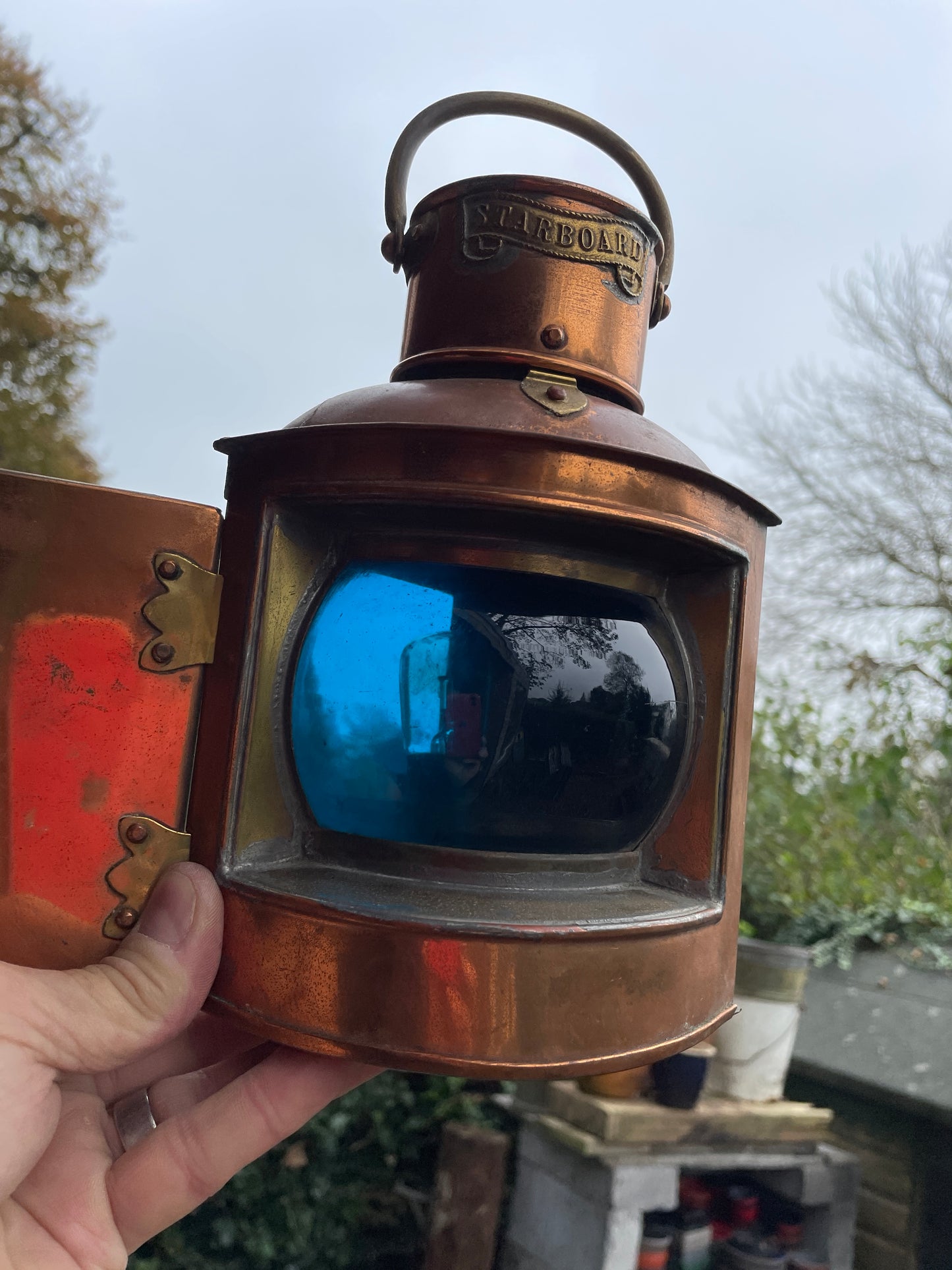 Pair of antique brass and port and starboard nautical ship lamps