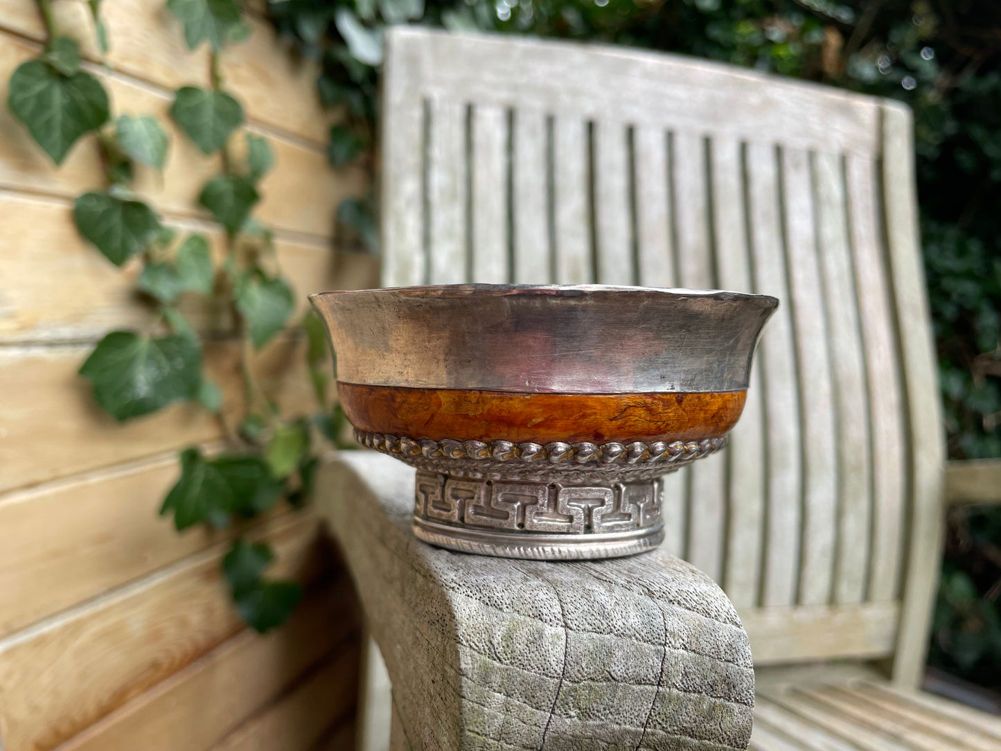 Antique silver and wooden Mongolian cast and hand decorated  bowl