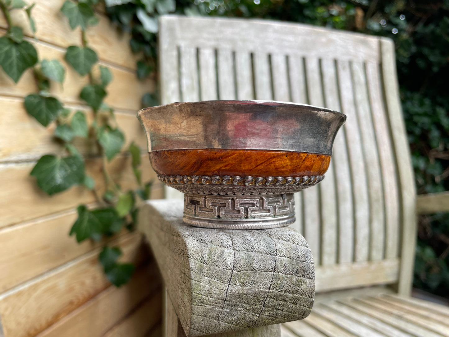 Antique silver and wooden Mongolian cast and hand decorated  bowl