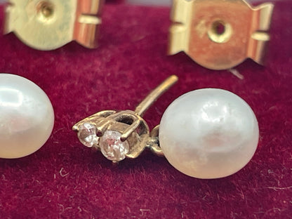 Vintage 18ct Gold Diamond-Tested & Cultured Pearl Drop Earrings c.1970s–1980s