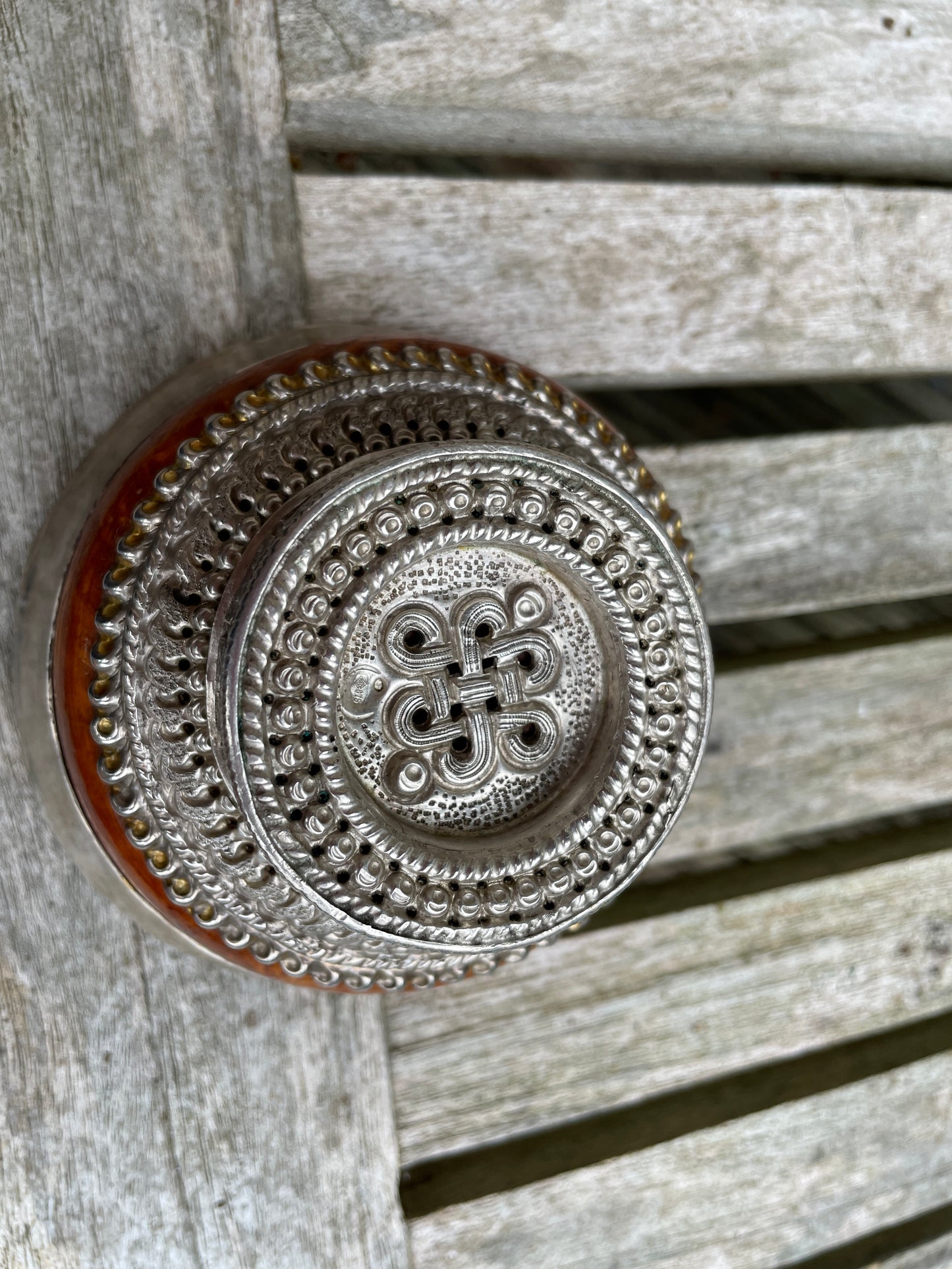 Antique silver and wooden Mongolian cast and hand decorated  bowl