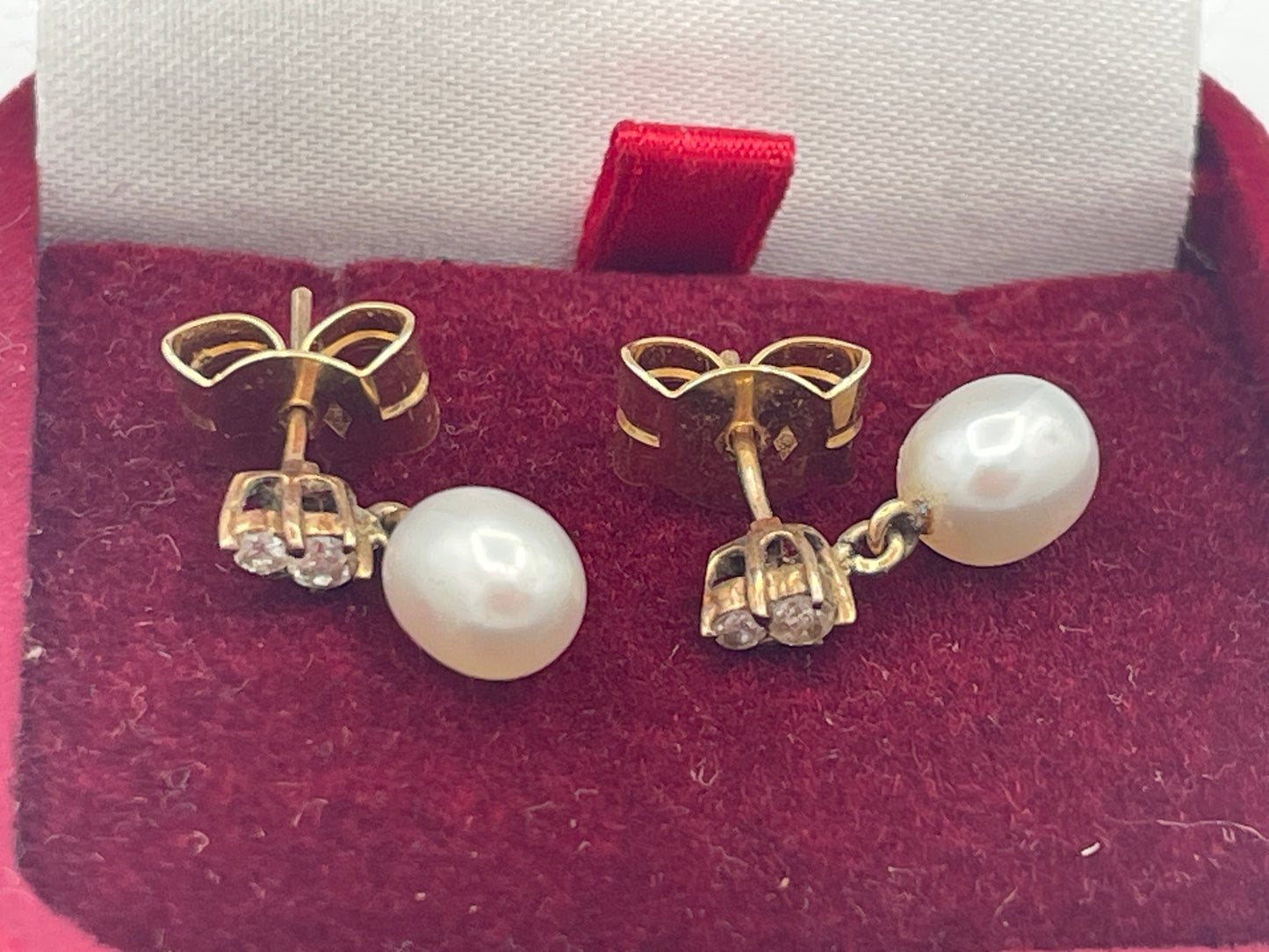 Vintage 18ct Gold Diamond-Tested & Cultured Pearl Drop Earrings c.1970s–1980s