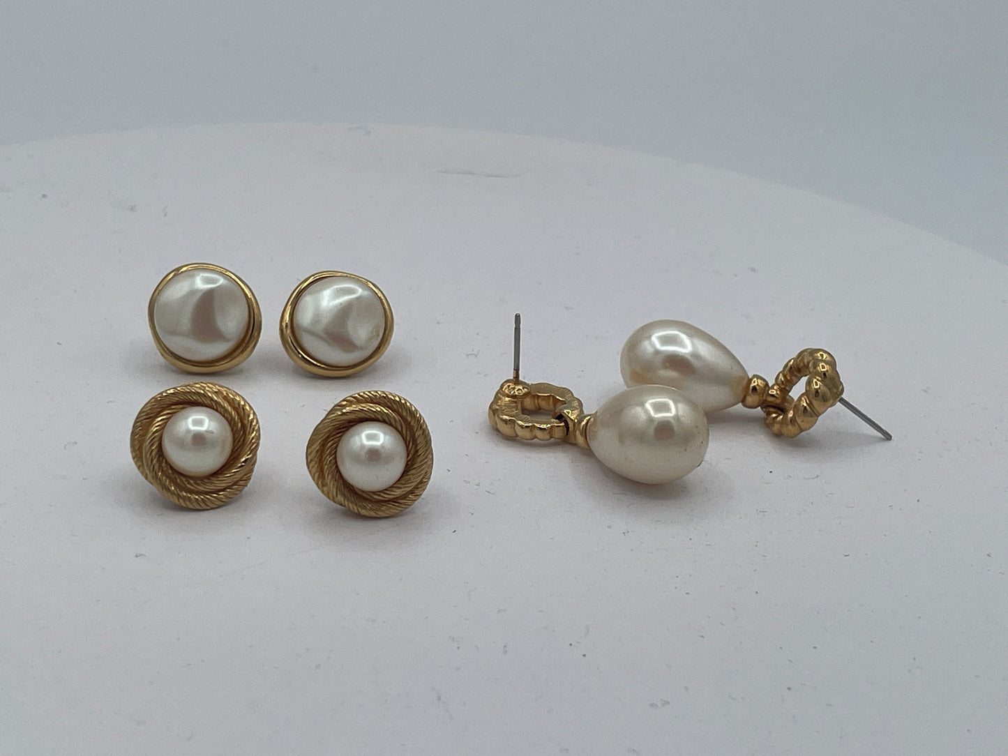 Vintage Monet Faux Pearl Earrings Set – Three Matching Gold Tone Pairs Signed Monet