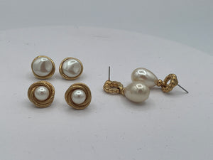 Vintage Monet Faux Pearl Earrings Set – Three Matching Gold Tone Pairs Signed Monet