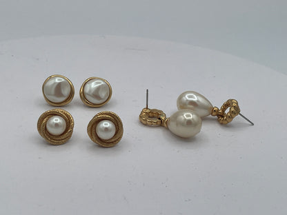 Vintage Monet Faux Pearl Earrings Set – Three Matching Gold Tone Pairs Signed Monet