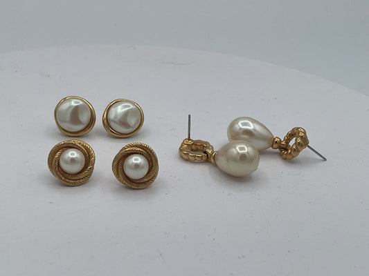 Vintage Monet Faux Pearl Earrings Set – Three Matching Gold Tone Pairs Signed Monet