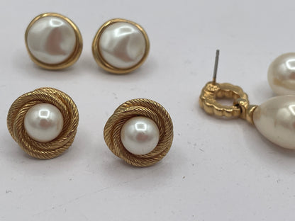 Vintage Monet Faux Pearl Earrings Set – Three Matching Gold Tone Pairs Signed Monet