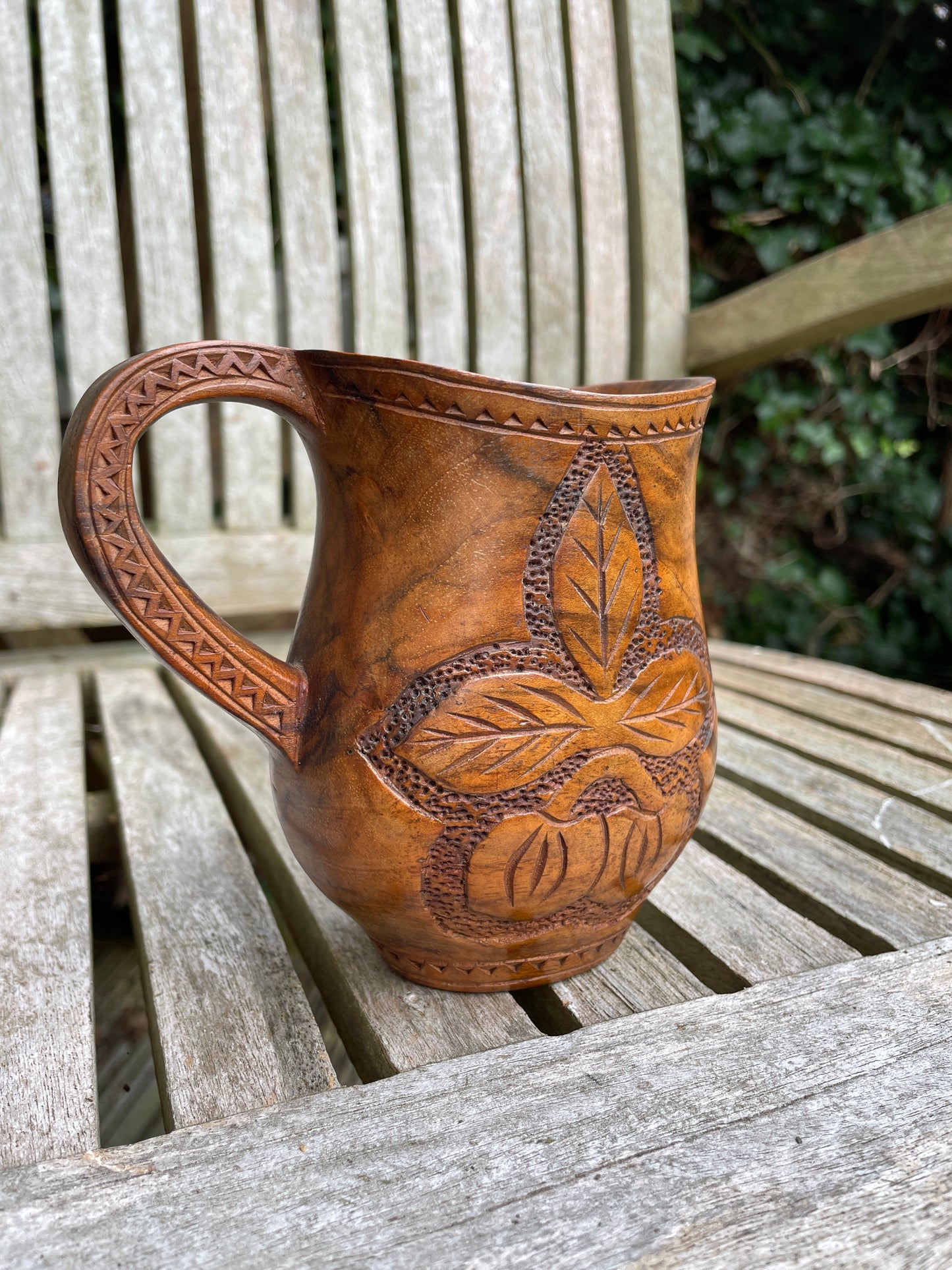 Folk art wooden hand worked arts and crafts loving cup treen 12cm tall