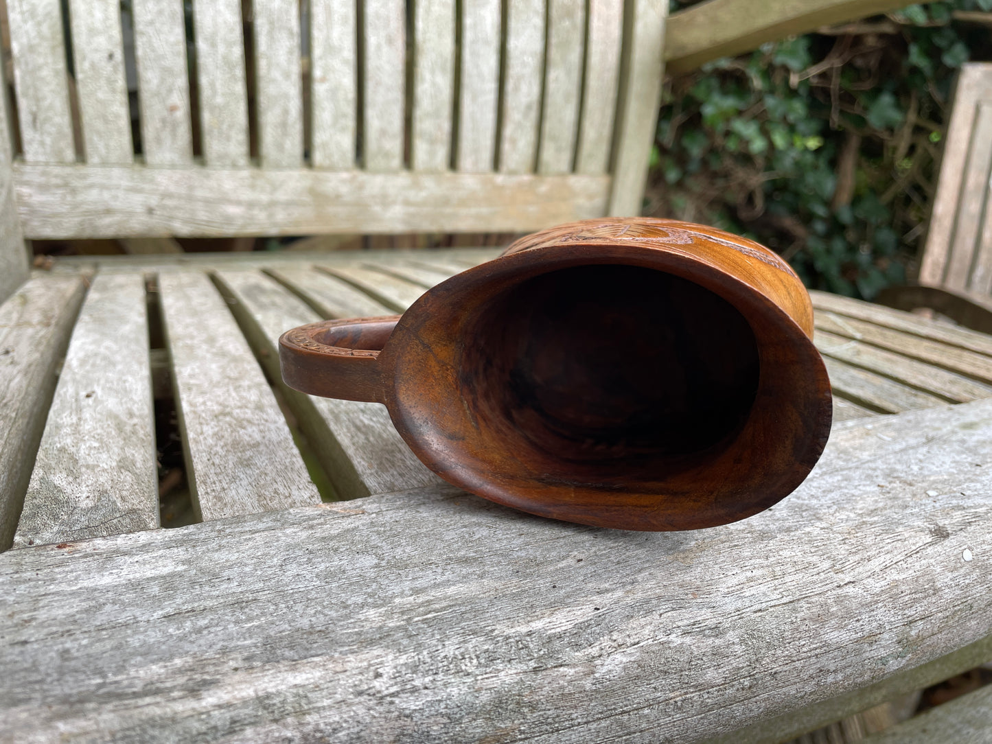 Folk art wooden hand worked arts and crafts loving cup treen 12cm tall