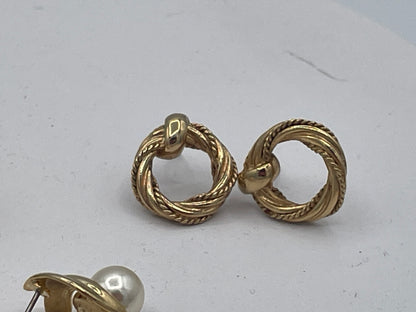 Vintage High-End Costume Jewellery Earrings Collection – Gold Tone Faux Pearl Rope Hoop Stud Earrings