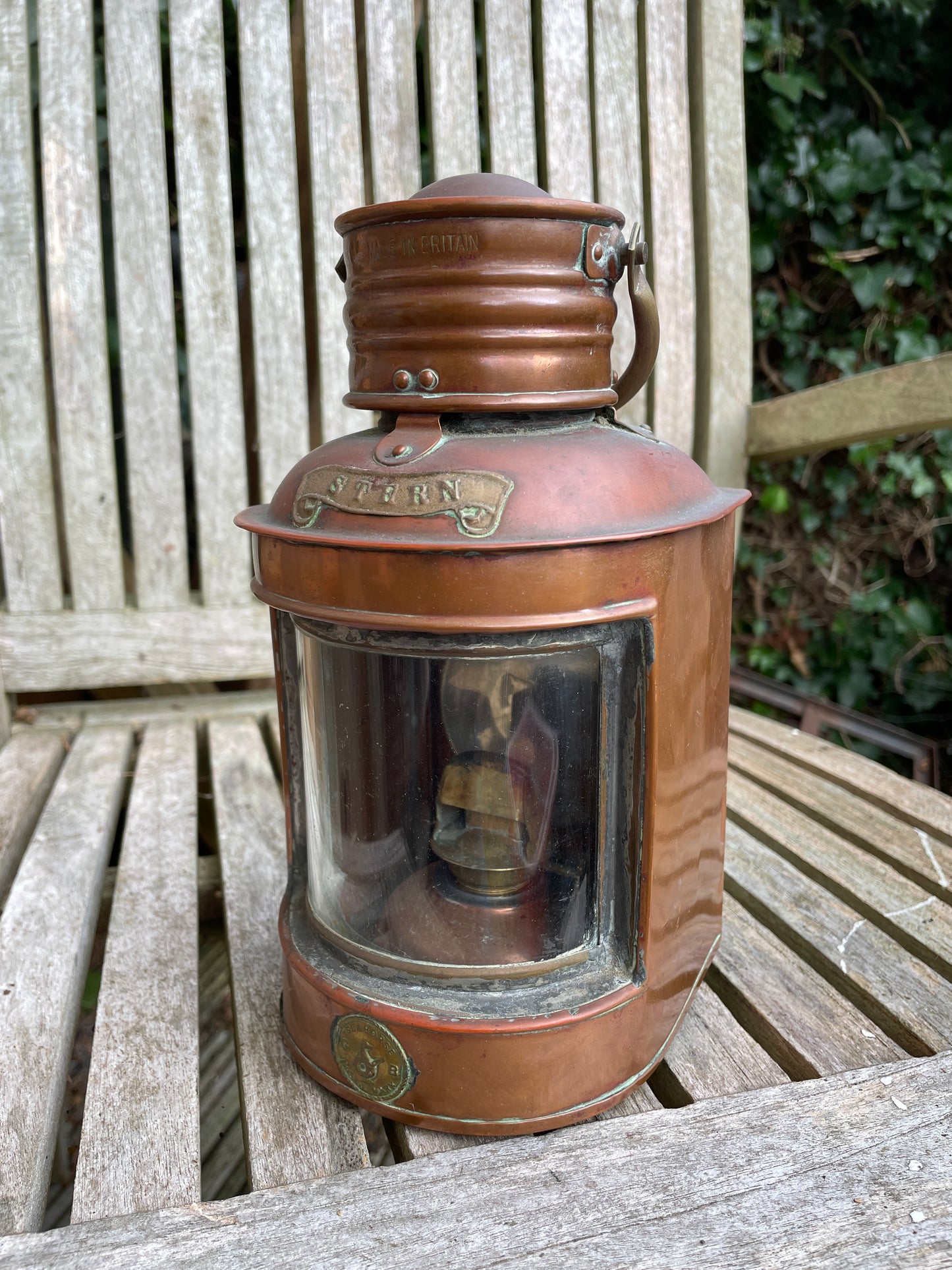 Antique brass and copper stern nautical lamp by seahorse of Great Britain