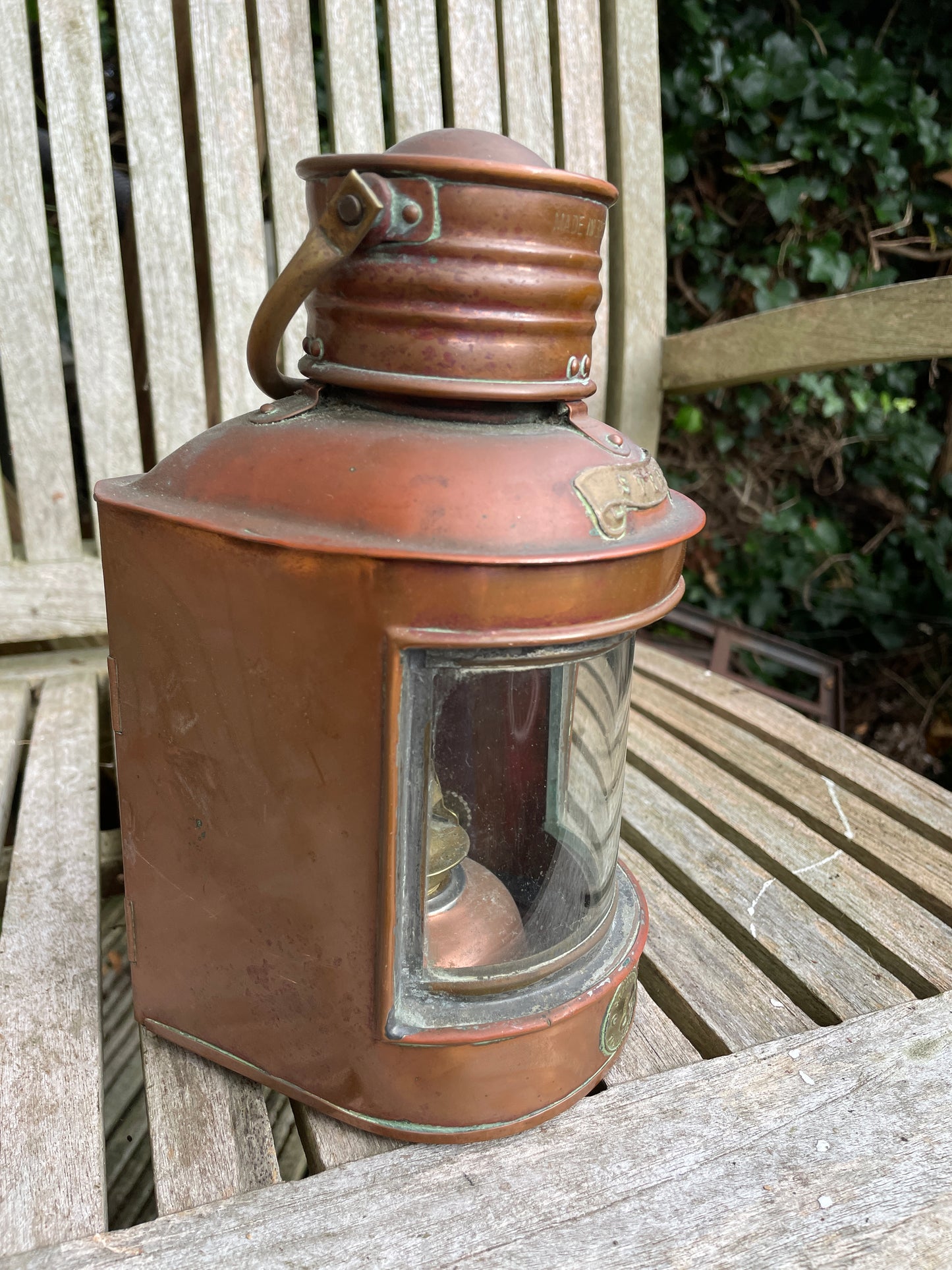 Antique brass and copper stern nautical lamp by seahorse of Great Britain