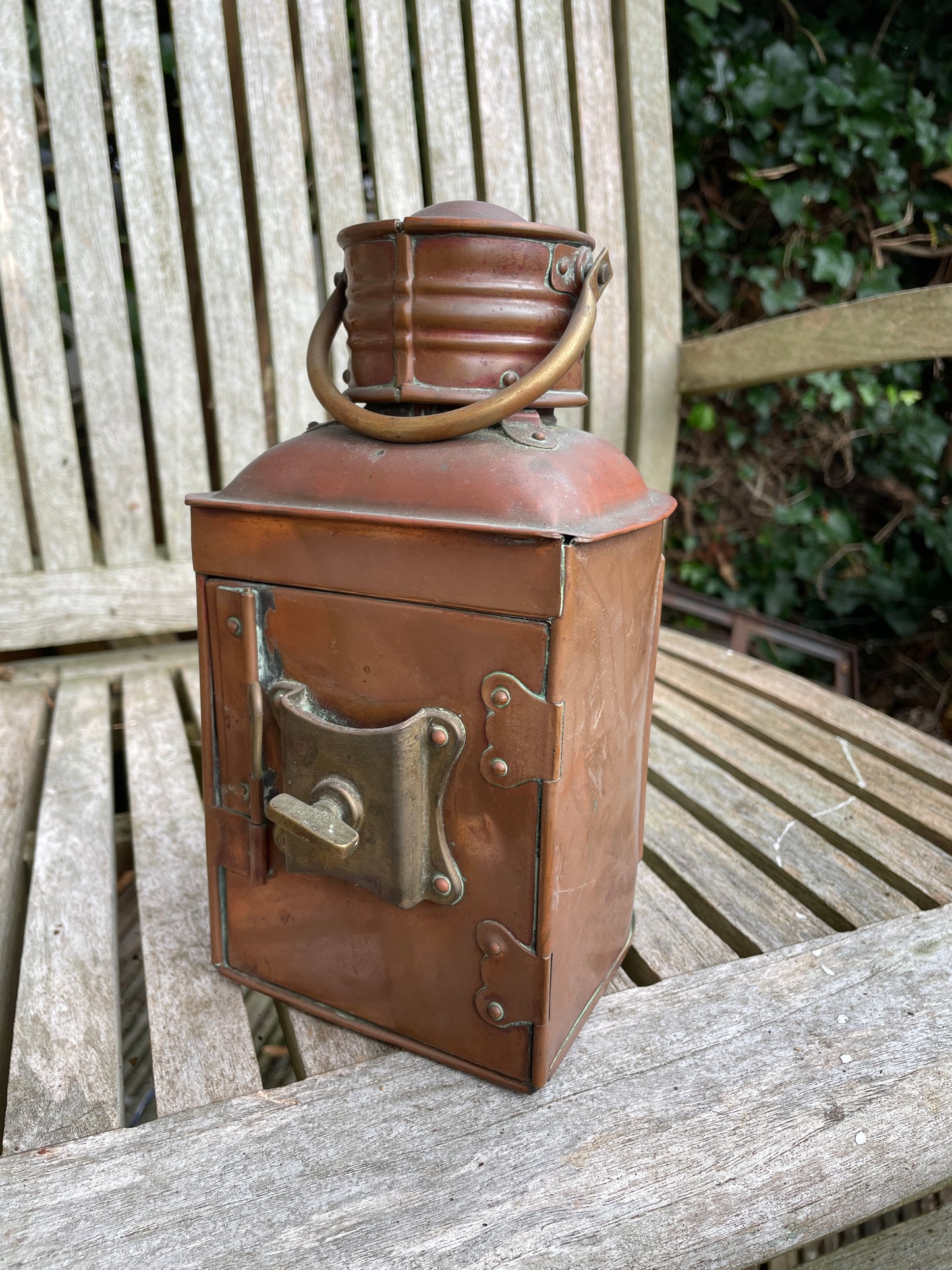 Antique brass and copper stern nautical lamp by seahorse of Great Britain