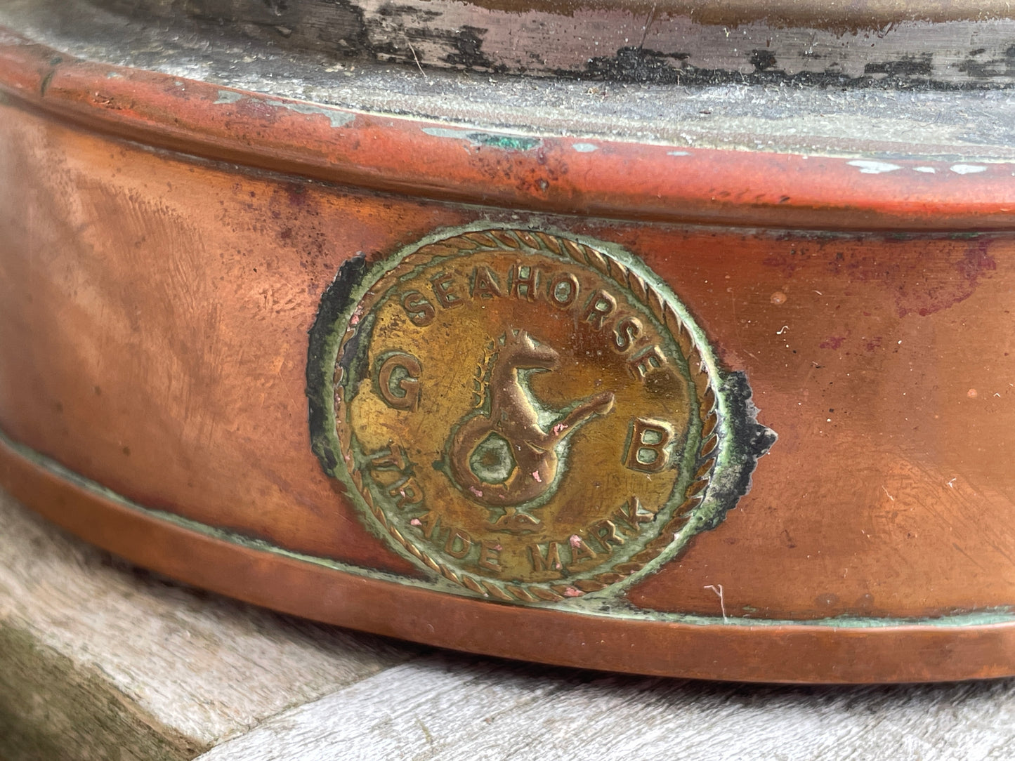 Antique brass and copper stern nautical lamp by seahorse of Great Britain