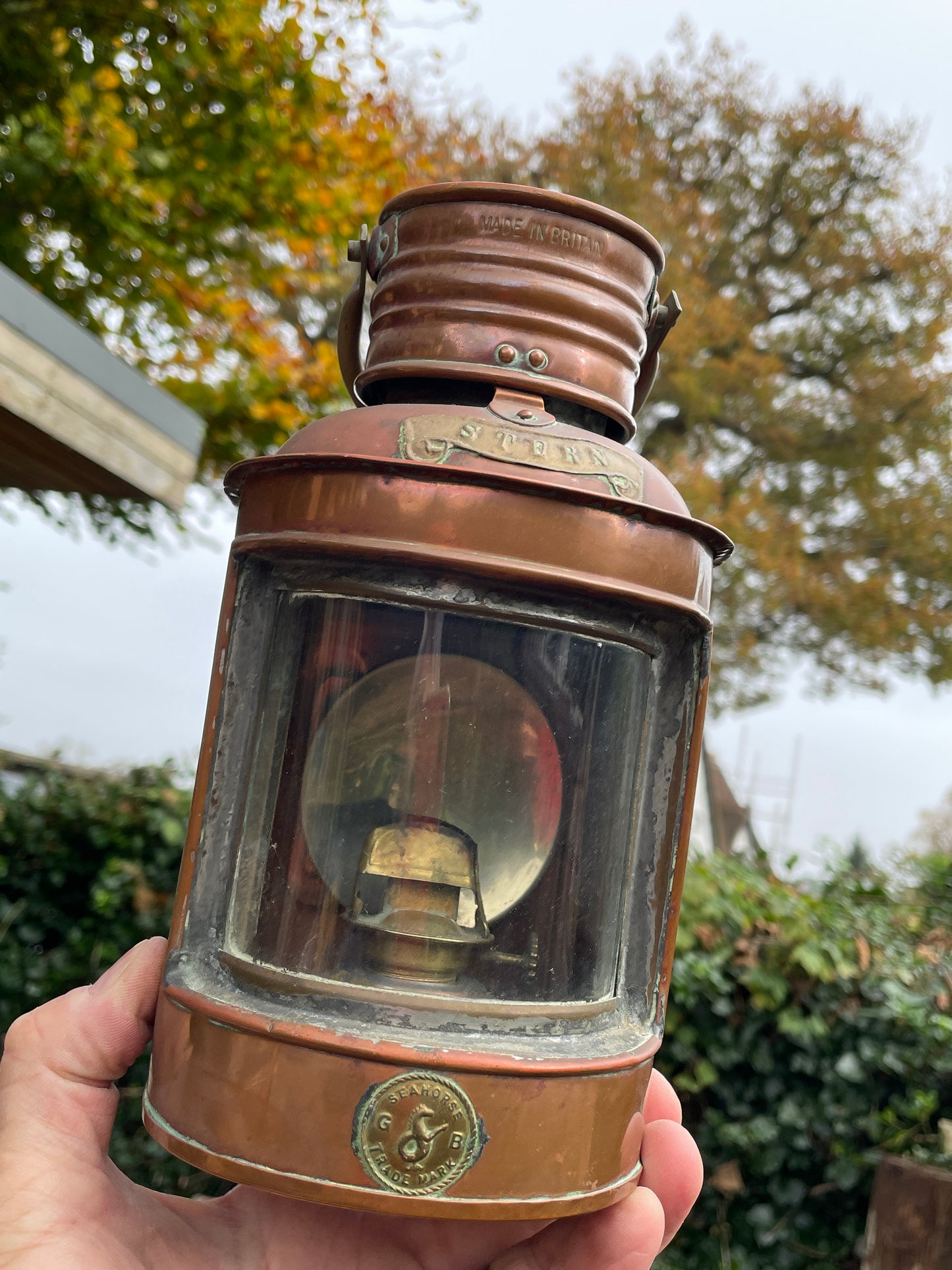 Antique brass and copper stern nautical lamp by seahorse of Great Britain