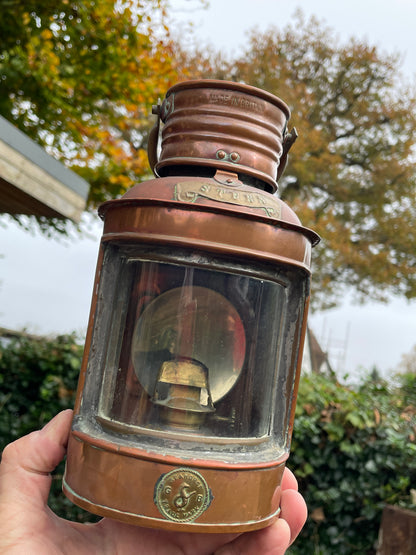 Antique brass and copper stern nautical lamp by seahorse of Great Britain