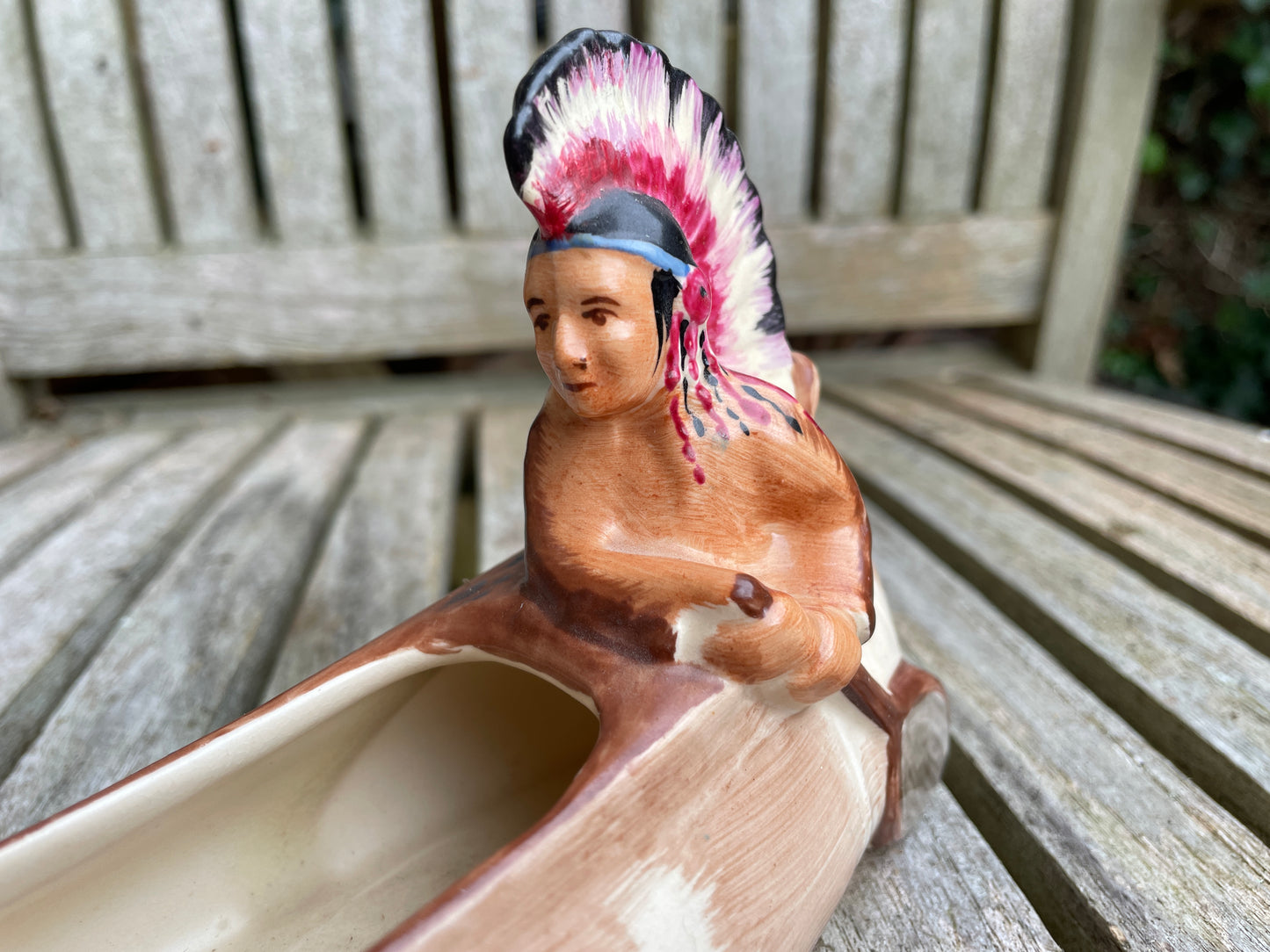 Burleigh Ware vintage Deco 1930's native American Indian in a canoe 22cm long