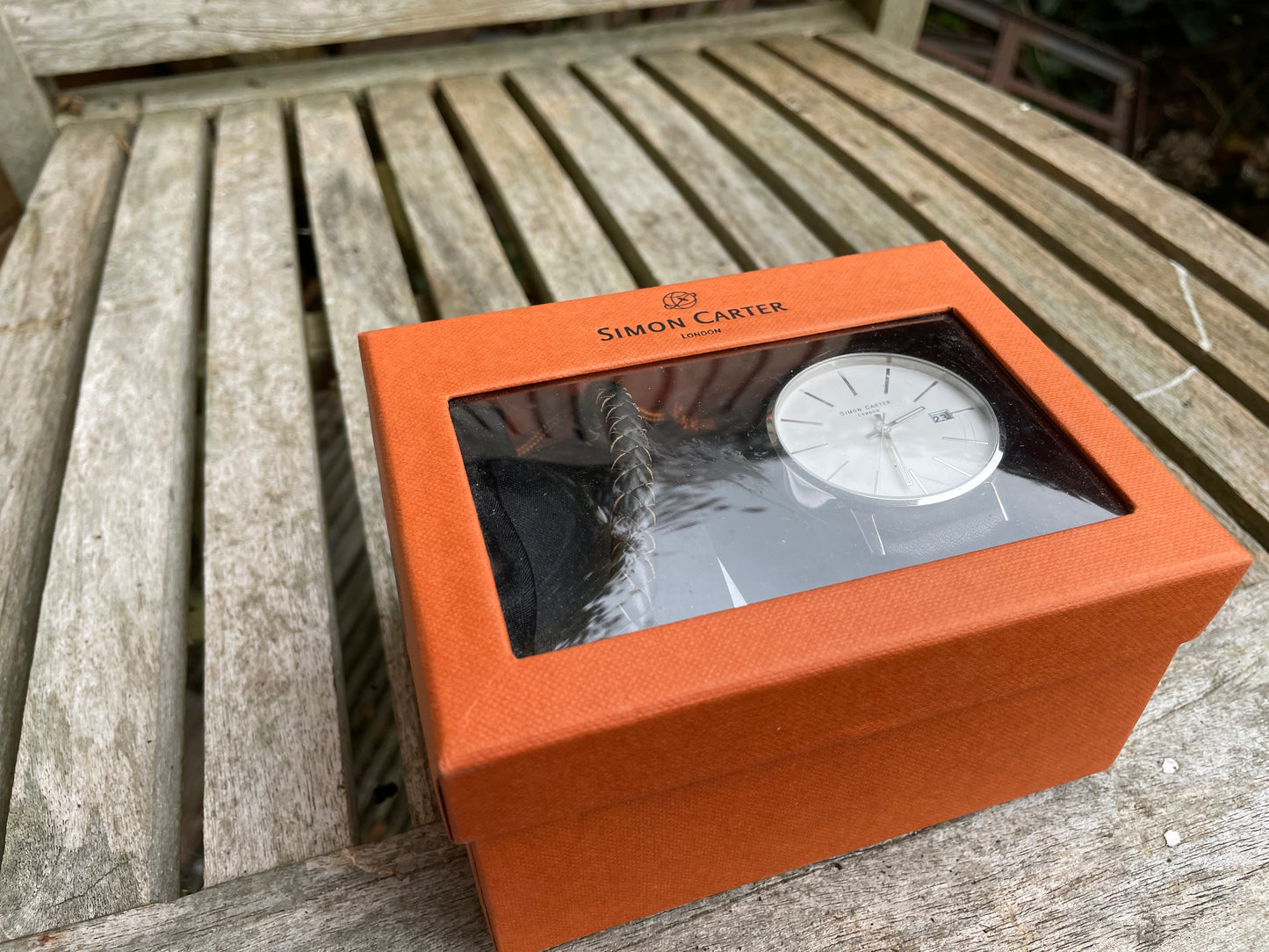 Simon Carter London quartz wrist watch and bracelet set in original box with storage bag