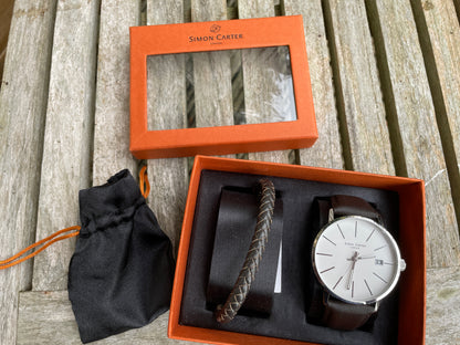 Simon Carter London quartz wrist watch and bracelet set in original box with storage bag