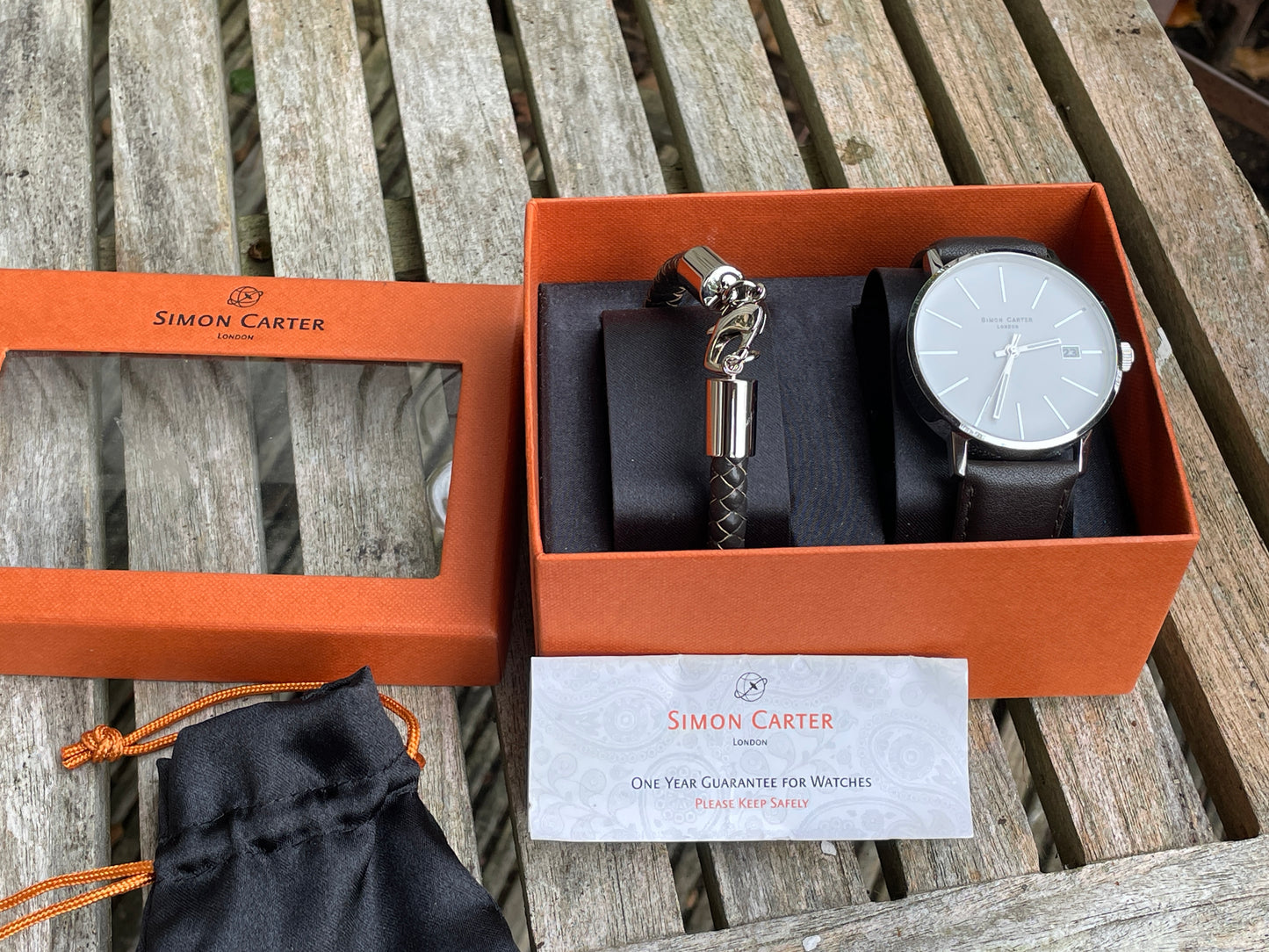 Simon Carter London quartz wrist watch and bracelet set in original box with storage bag