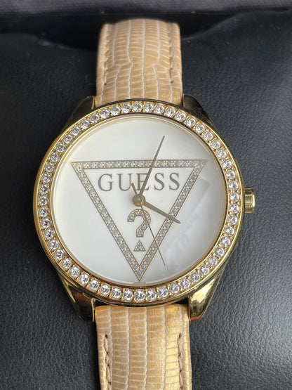 Guess mini triangle quartz white dial gold leather strap ladies dress watch in original box