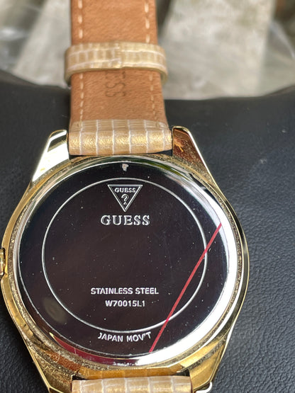 Guess mini triangle quartz white dial gold leather strap ladies dress watch in original box