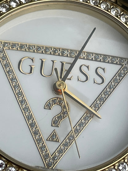 Guess mini triangle quartz white dial gold leather strap ladies dress watch in original box