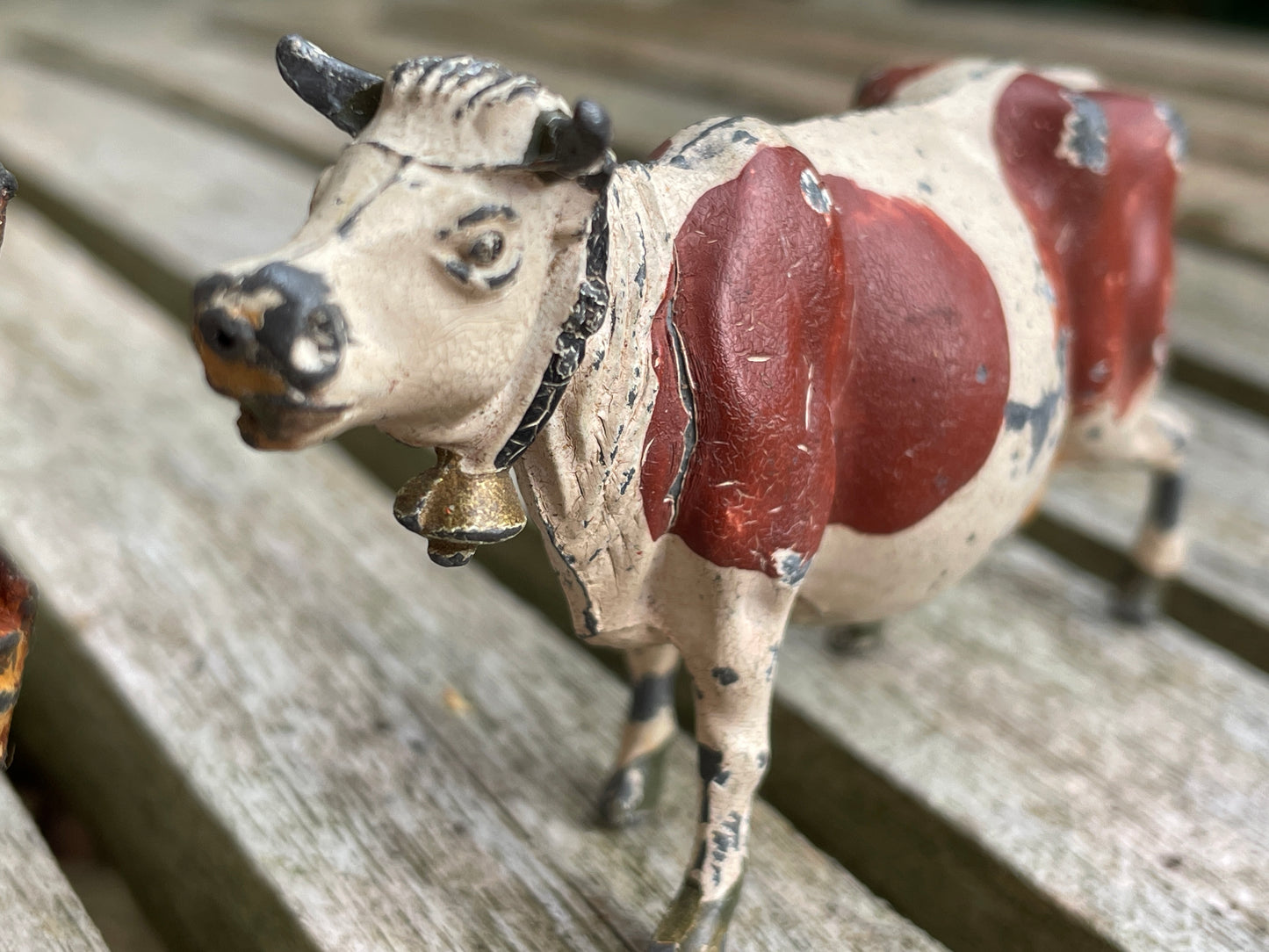 Antique Hand Painted Diecast Metal/Lead scale models of a cow and milkmaid by Johillco