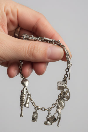 Vintage Silver Charm Bracelet 31g – 12 Charms inc. Malmö Rådhuset, Red-Eyed Fish, Soldier, Key 835, Football & More Collectible
