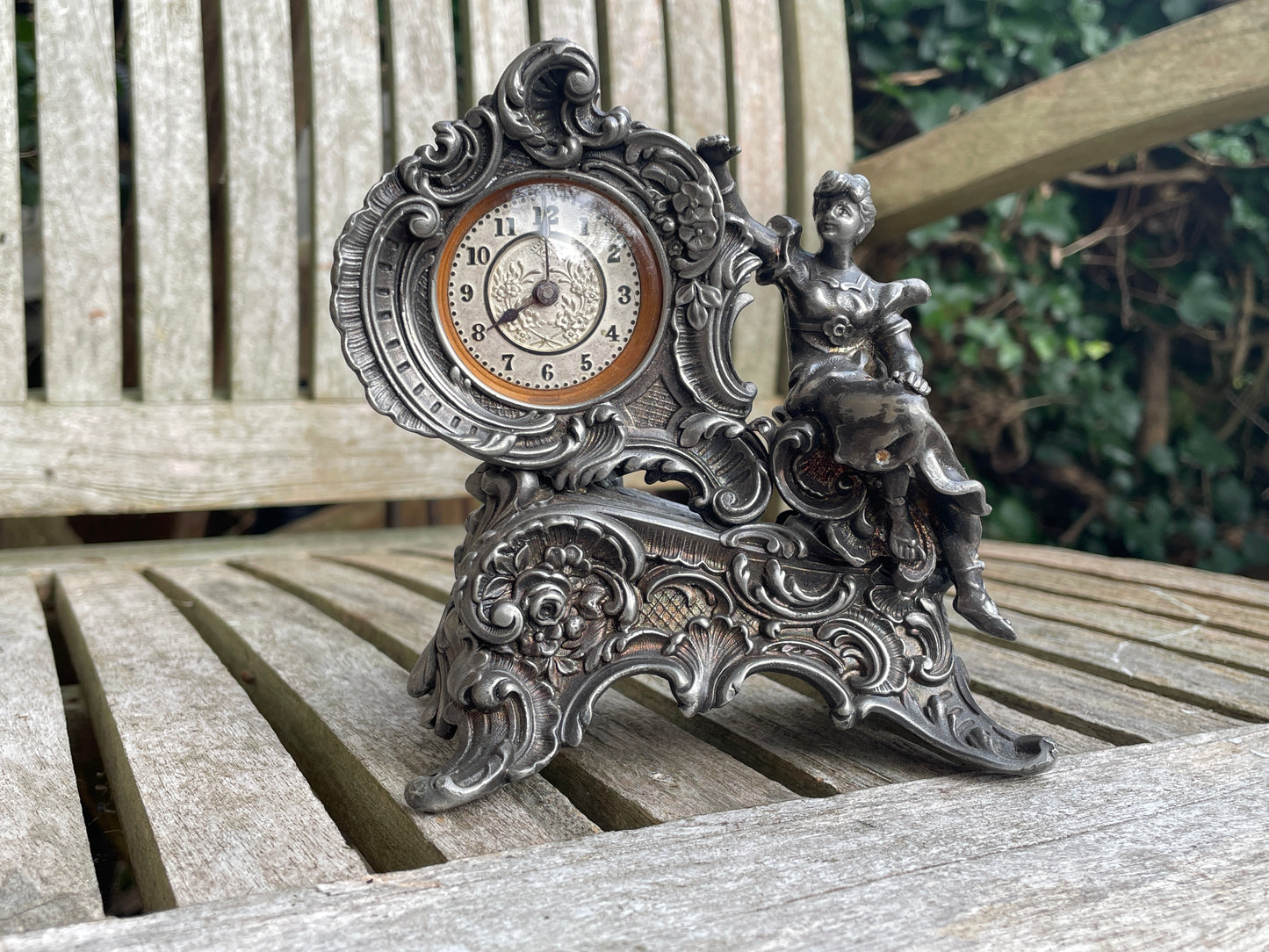 Working Renaissance-style French mini Mantel clock 12cm wide c1920