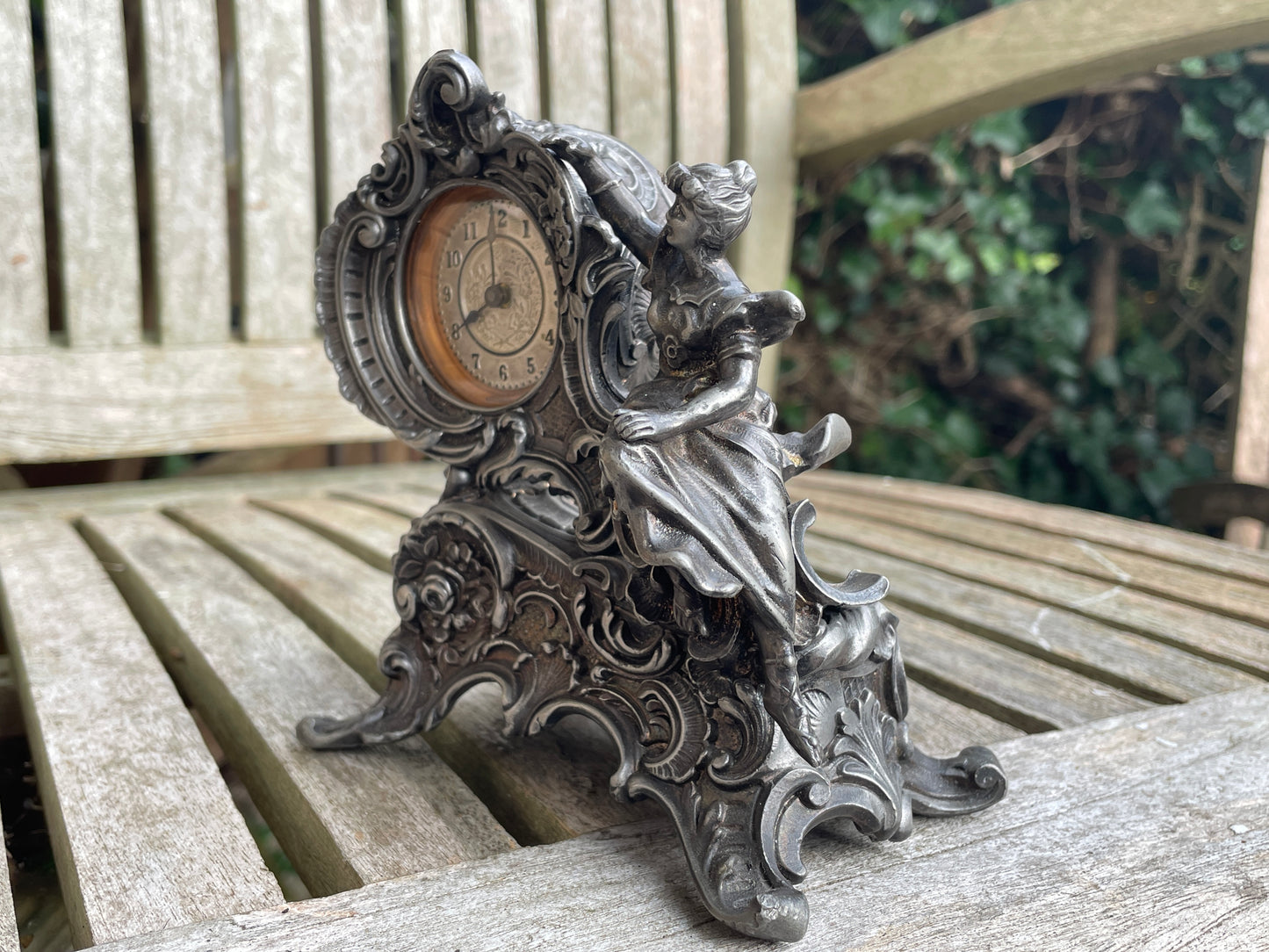 Working Renaissance-style French mini Mantel clock 12cm wide c1920