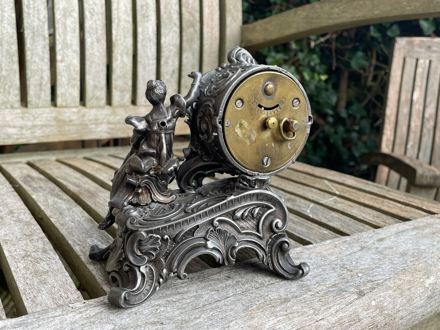 Working Renaissance-style French mini Mantel clock 12cm wide c1920