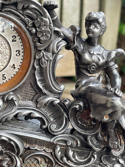 Working Renaissance-style French mini Mantel clock 12cm wide c1920