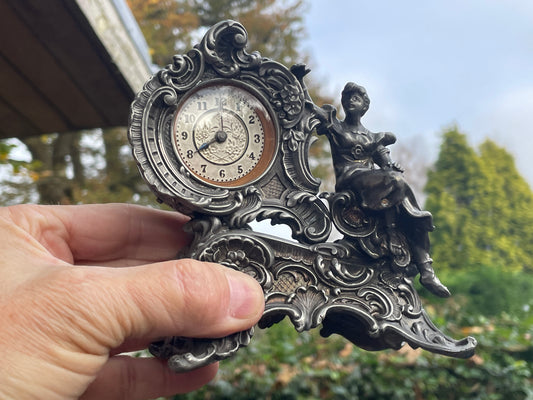 Working Renaissance-style French mini Mantel clock 12cm wide c1920