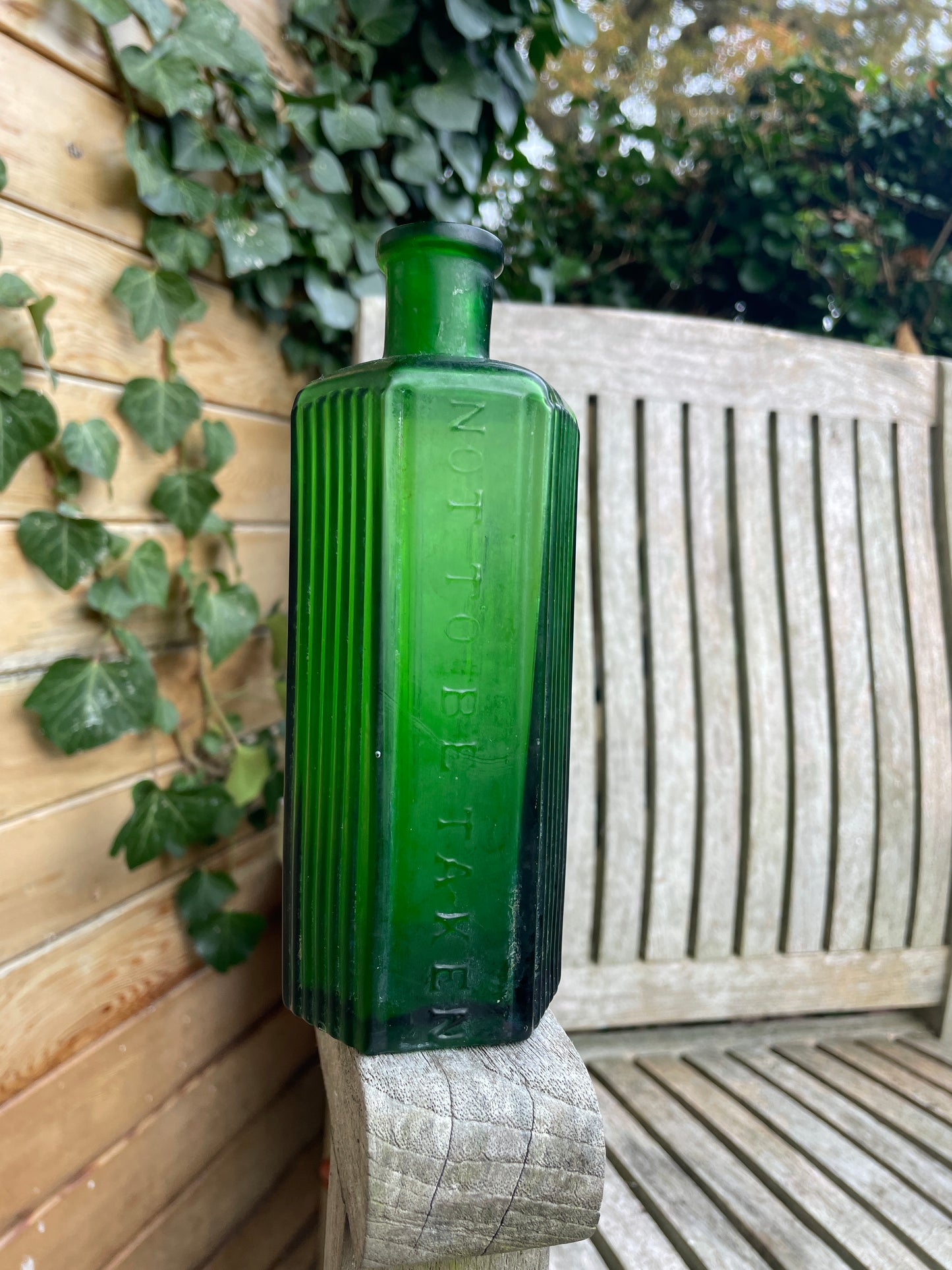 Victorian green hexagonal 'Not To Be Taken' ribbed Poison Bottle c1890's 17cm tall